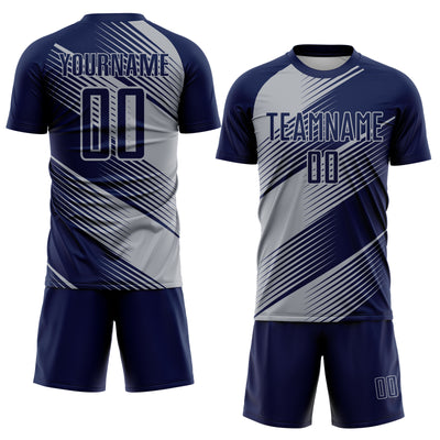 Custom Navy Gray Line Sublimation Soccer Uniform Jersey
