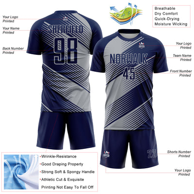 Custom Navy Gray Line Sublimation Soccer Uniform Jersey