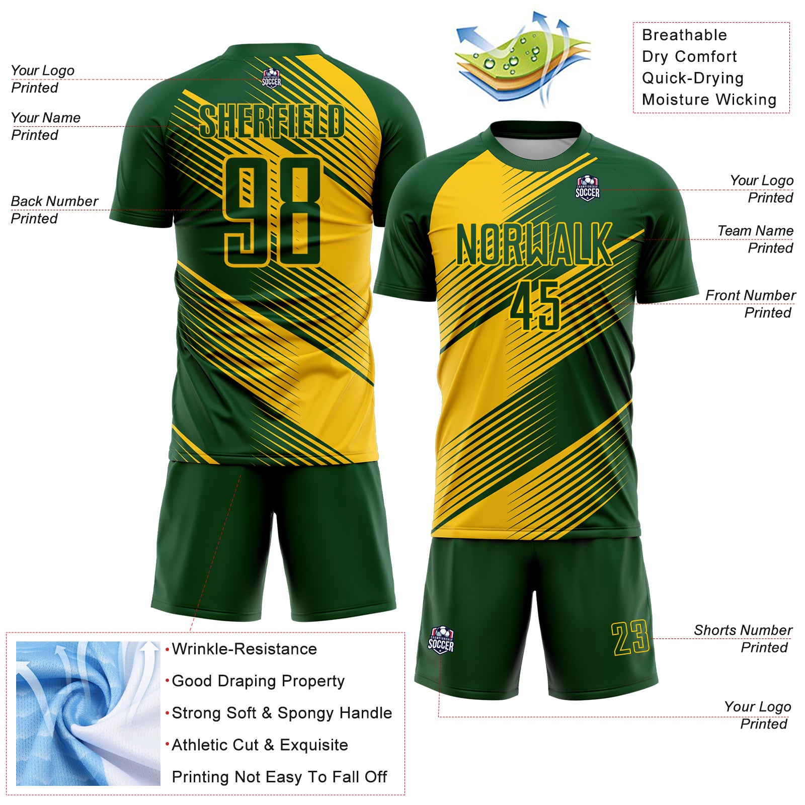 Custom Green Yellow Line Sublimation Soccer Uniform Jersey