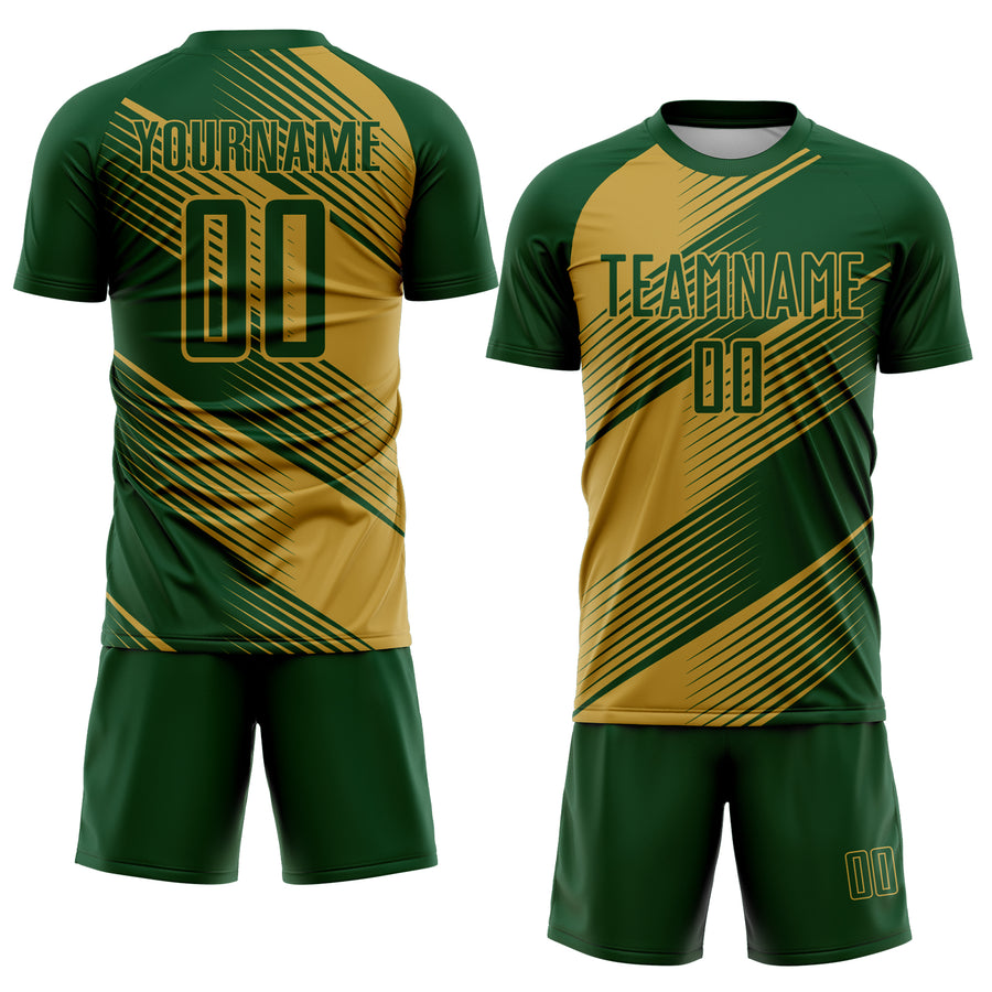 Custom Green Old Gold Line Sublimation Soccer Uniform Jersey