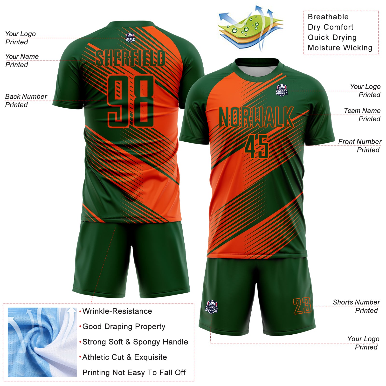 Custom Green Orange Line Sublimation Soccer Uniform Jersey