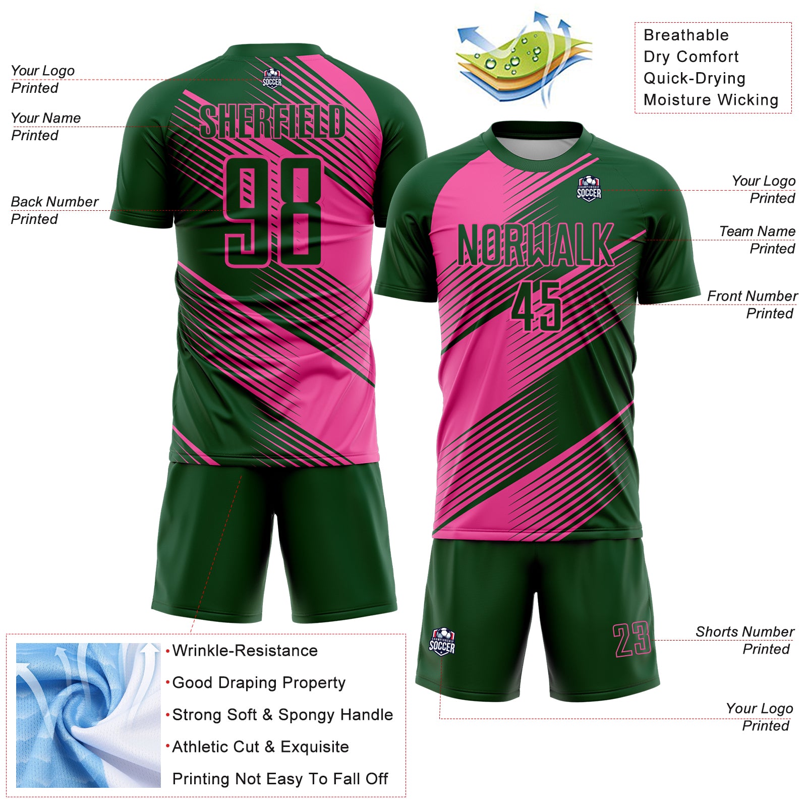 Custom Green Pink Line Sublimation Soccer Uniform Jersey