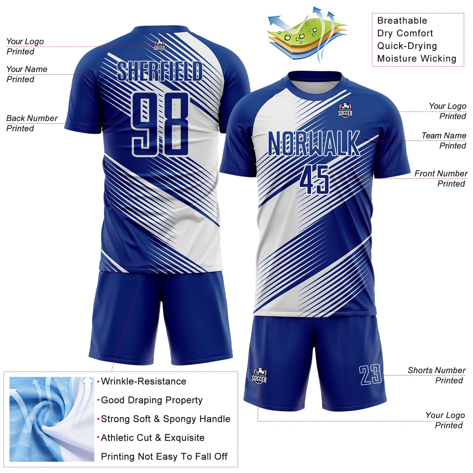 Custom Royal White Line Sublimation Soccer Uniform Jersey