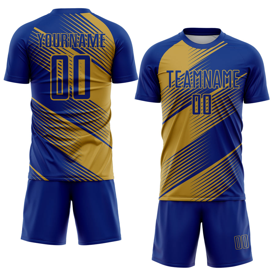 Custom Royal Old Gold Line Sublimation Soccer Uniform Jersey