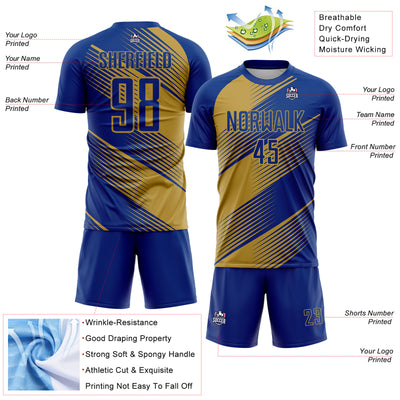 Custom Royal Old Gold Line Sublimation Soccer Uniform Jersey