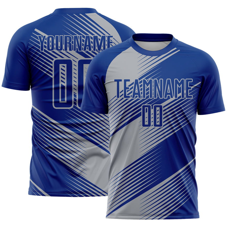 Custom Royal Gray Line Sublimation Soccer Uniform Jersey