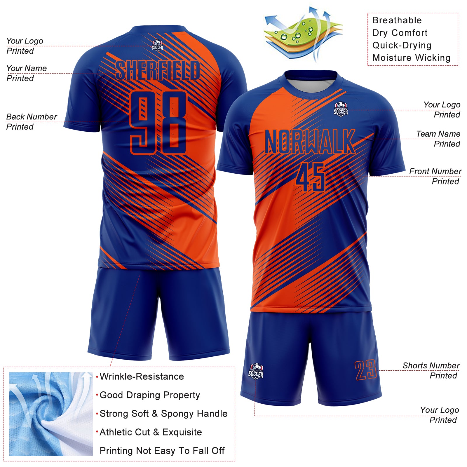 Custom Royal Orange Line Sublimation Soccer Uniform Jersey