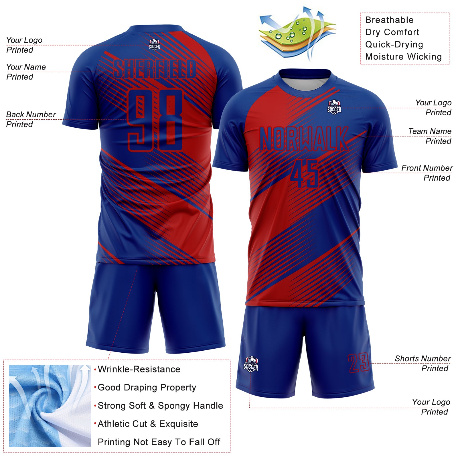 Custom Royal Red Line Sublimation Soccer Uniform Jersey