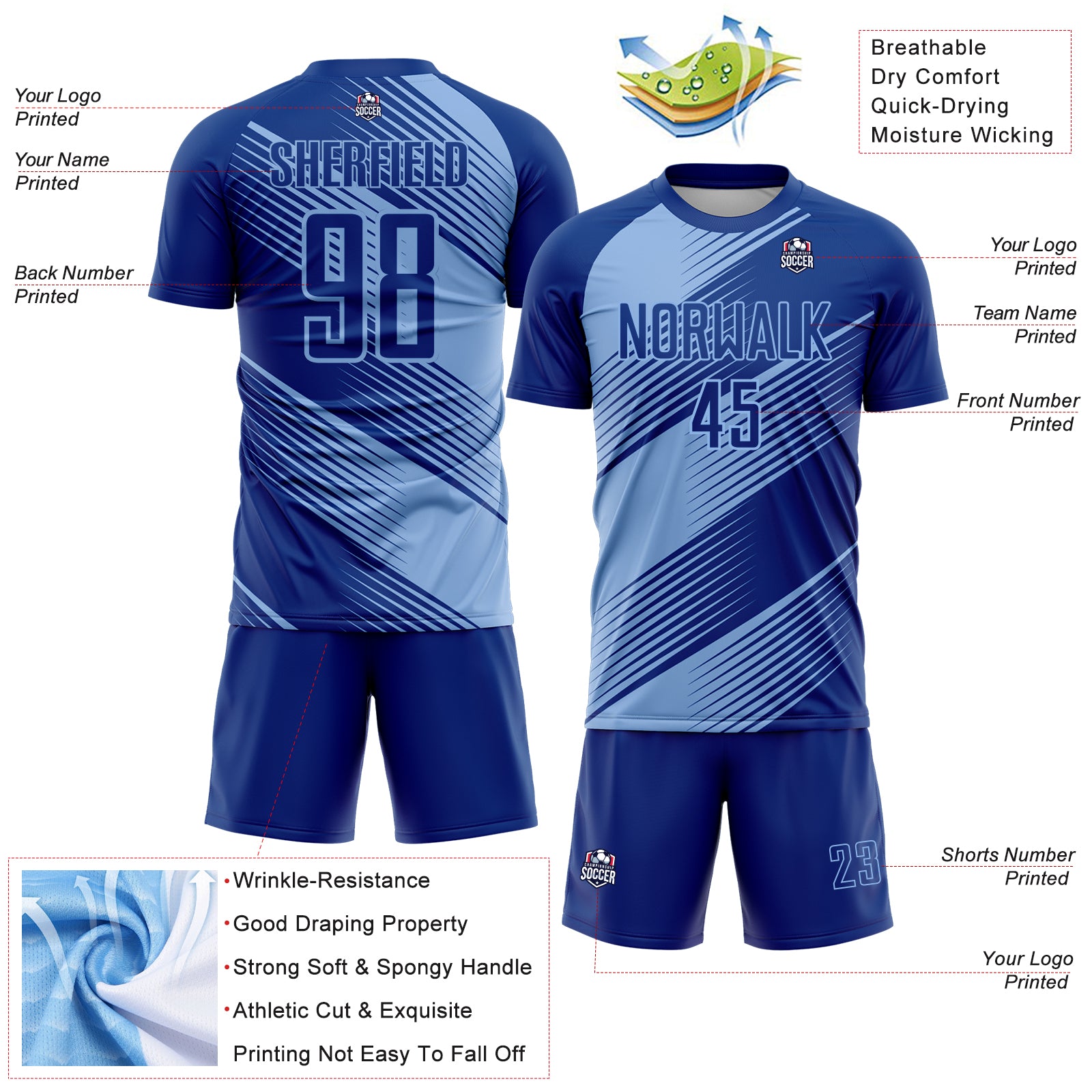 Custom Royal Light Blue Line Sublimation Soccer Uniform Jersey
