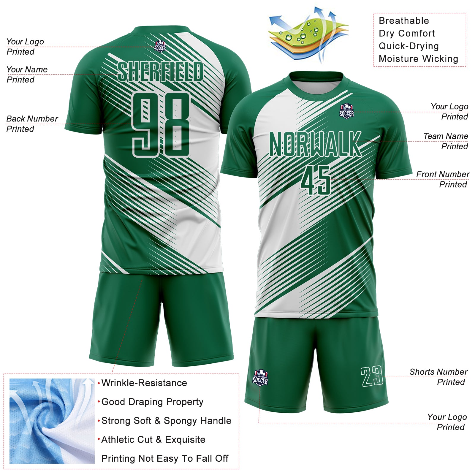 Custom Kelly Green White Line Sublimation Soccer Uniform Jersey