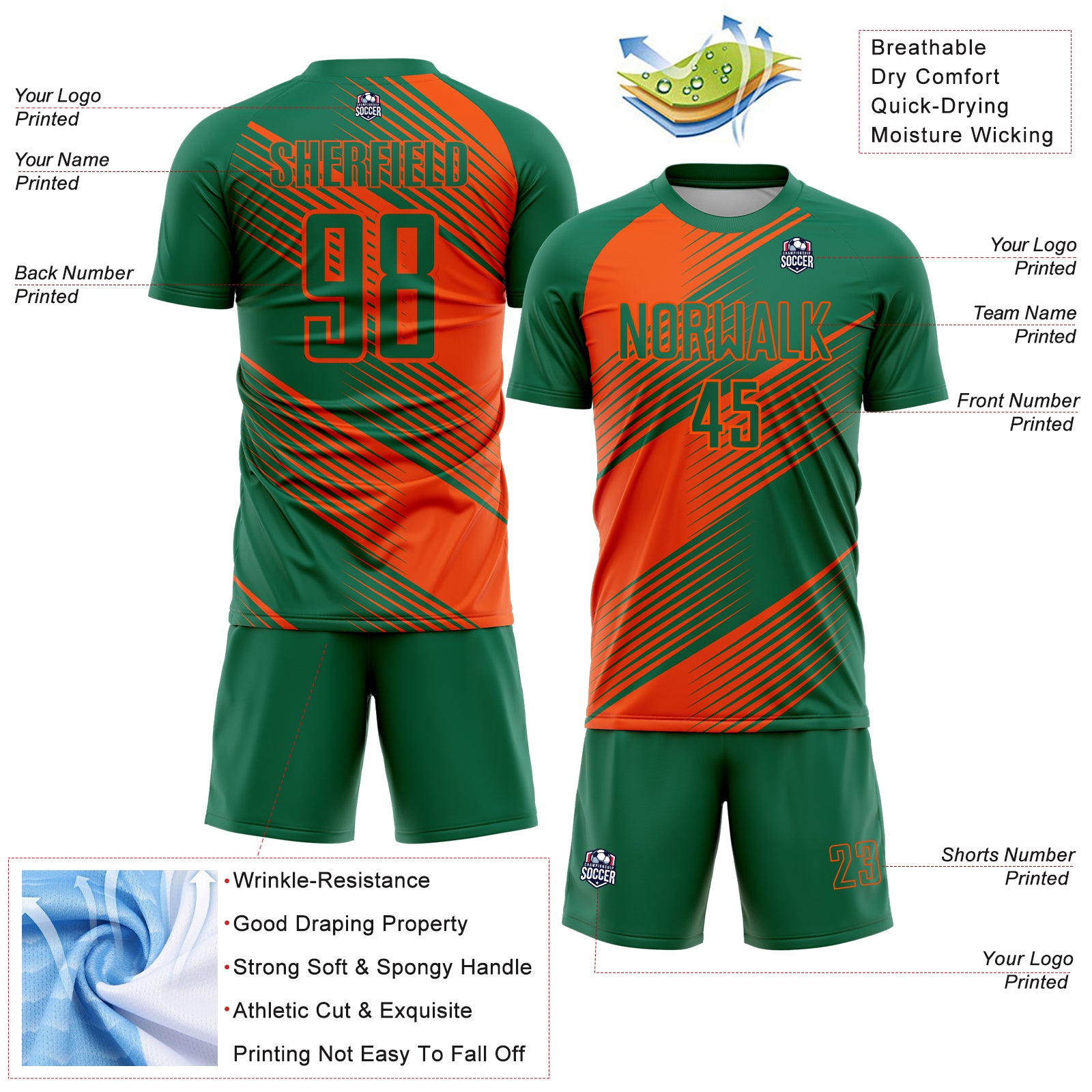 Custom Kelly Green Orange Line Sublimation Soccer Uniform Jersey