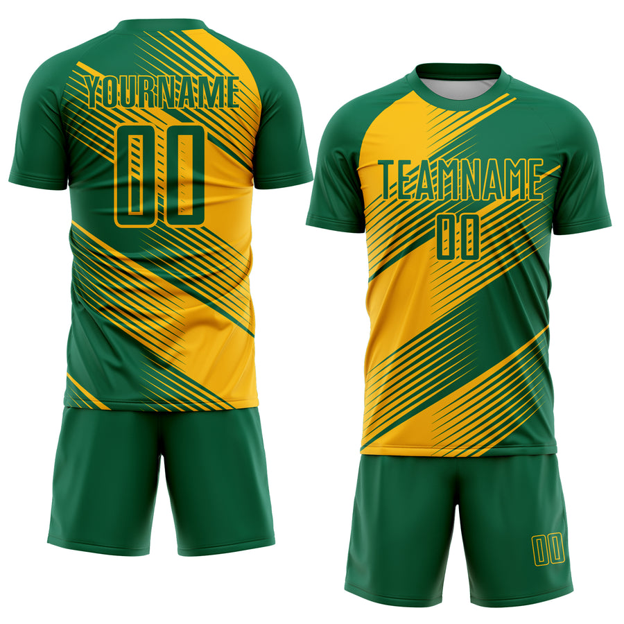 Custom Kelly Green Gold Line Sublimation Soccer Uniform Jersey