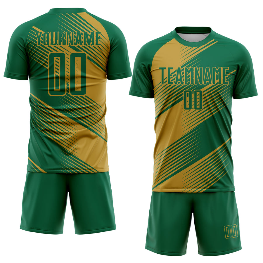 Custom Kelly Green Old Gold Line Sublimation Soccer Uniform Jersey
