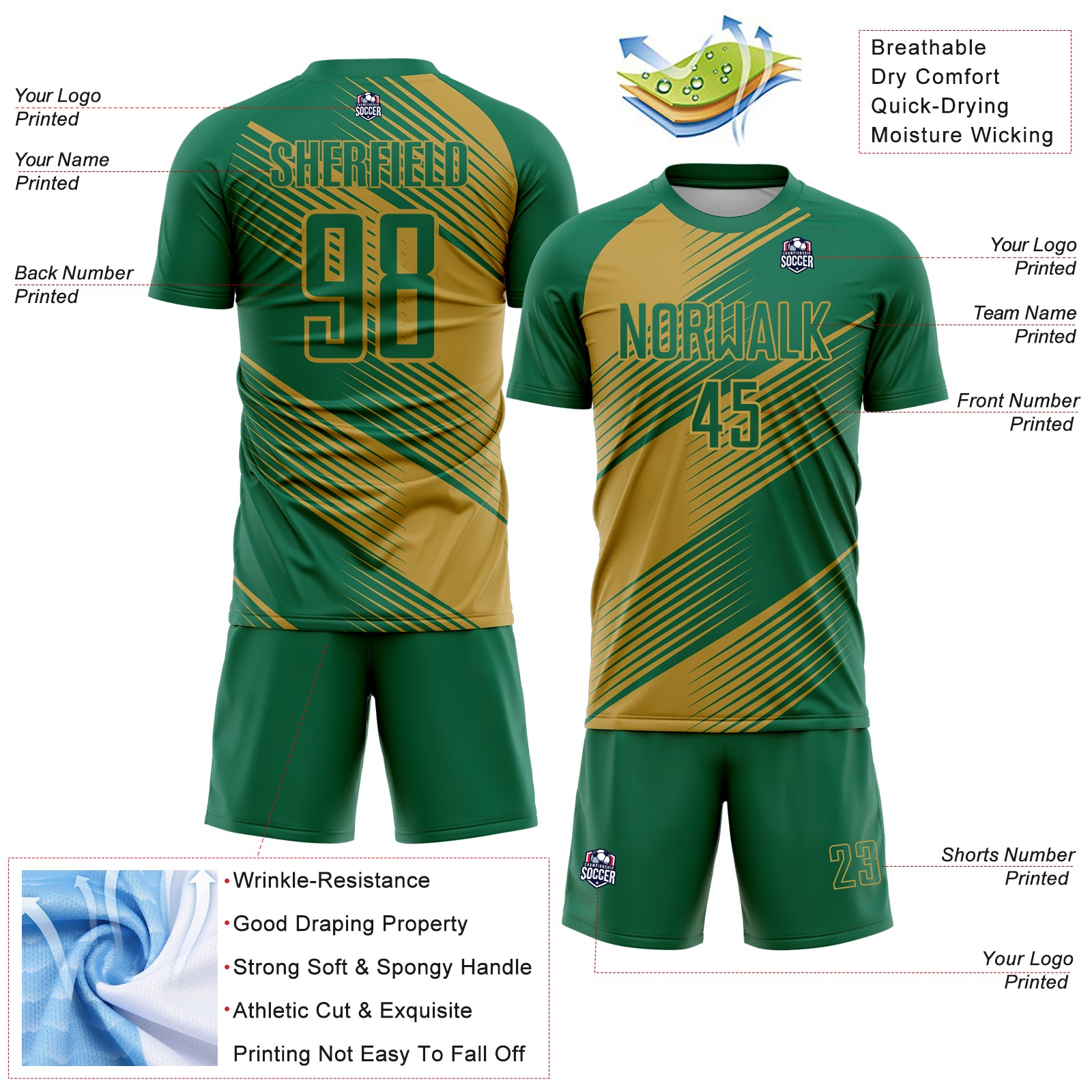 Custom Kelly Green Old Gold Line Sublimation Soccer Uniform Jersey