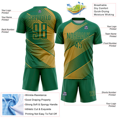 Custom Kelly Green Old Gold Line Sublimation Soccer Uniform Jersey
