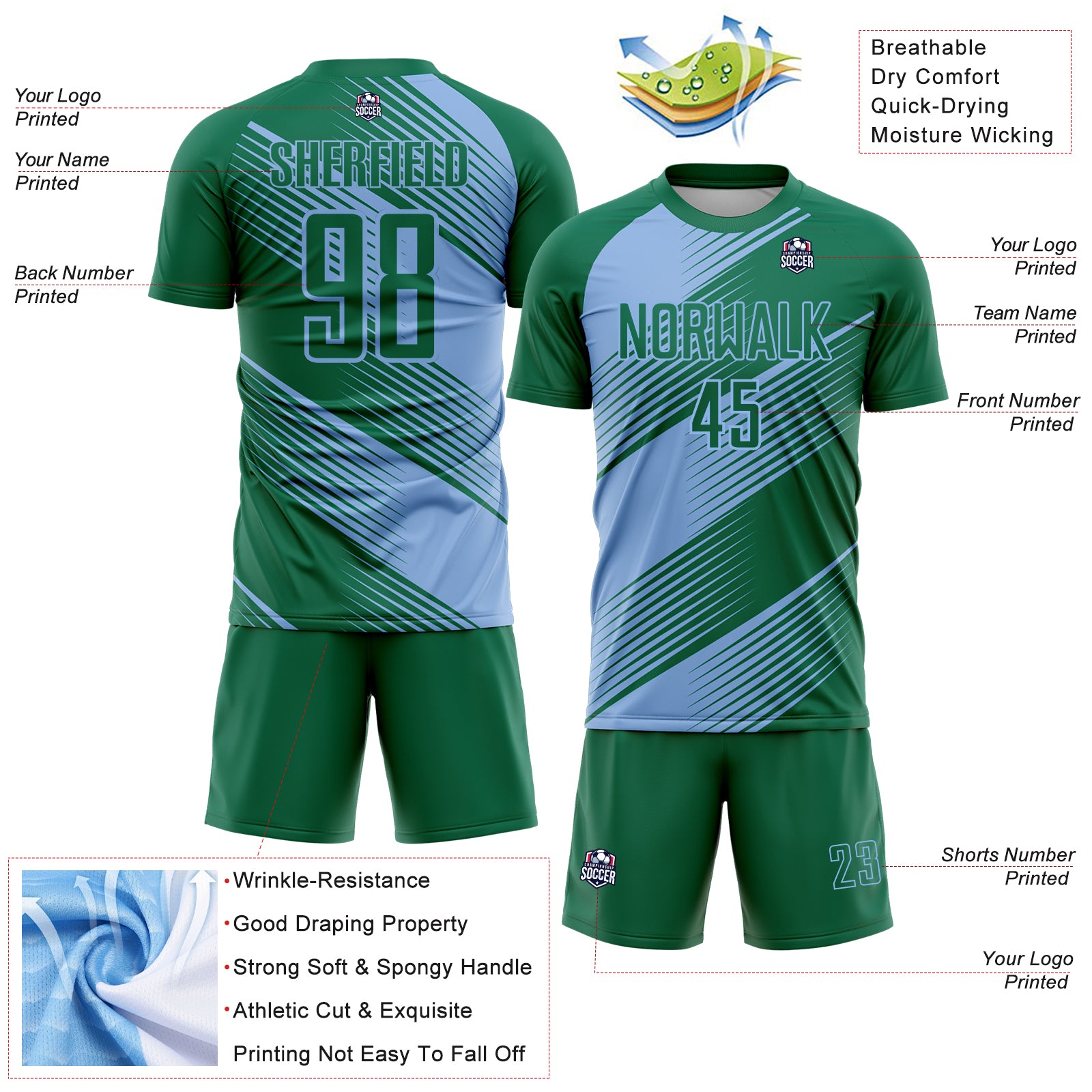 Custom Kelly Green Light Blue Line Sublimation Soccer Uniform Jersey