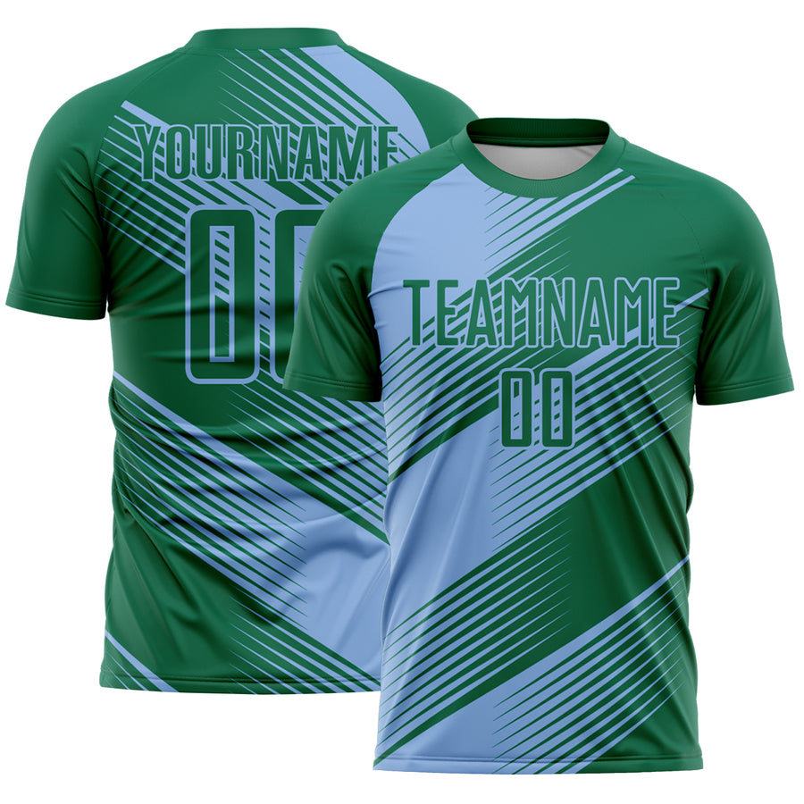 Custom Kelly Green Light Blue Line Sublimation Soccer Uniform Jersey