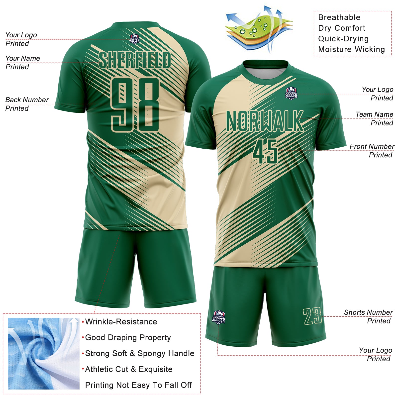 Custom Kelly Green Cream Line Sublimation Soccer Uniform Jersey