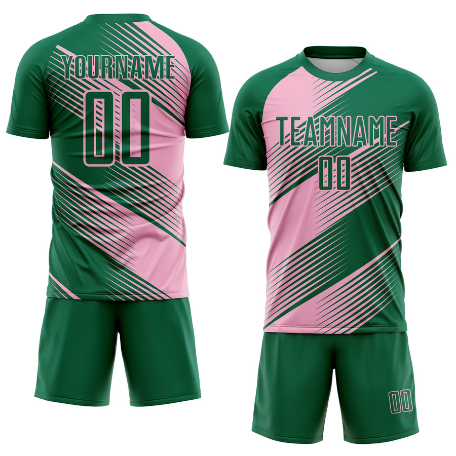 Custom Kelly Green Light Pink Line Sublimation Soccer Uniform Jersey