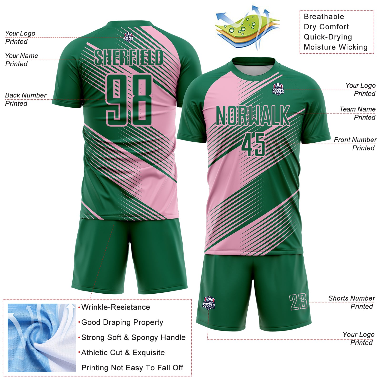 Custom Kelly Green Light Pink Line Sublimation Soccer Uniform Jersey
