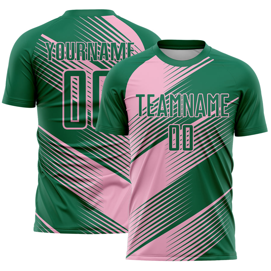 Custom Kelly Green Light Pink Line Sublimation Soccer Uniform Jersey