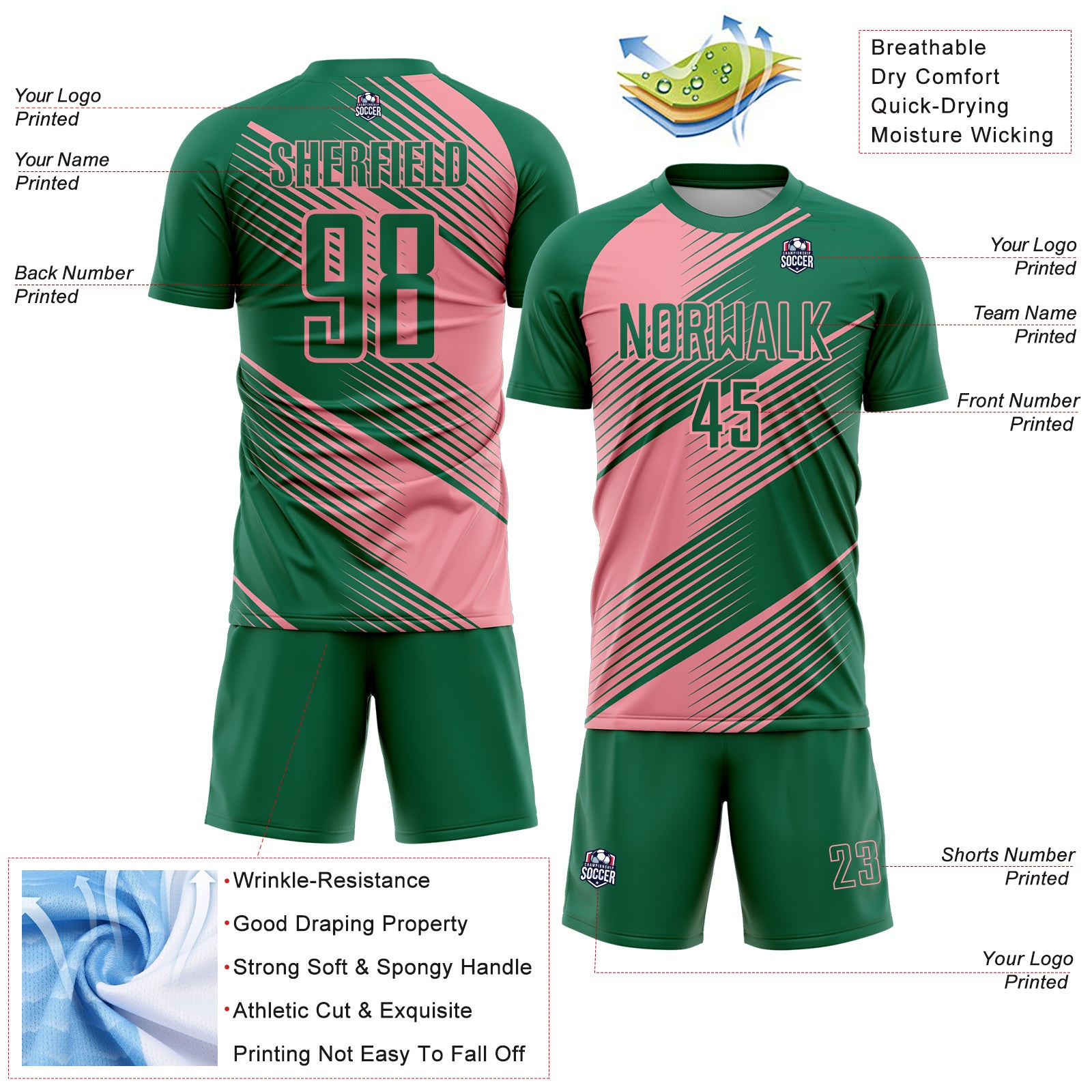 Custom Kelly Green Medium Pink Line Sublimation Soccer Uniform Jersey
