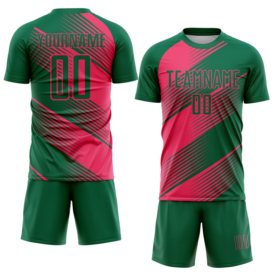 Custom Kelly Green Neon Pink Line Sublimation Soccer Uniform Jersey