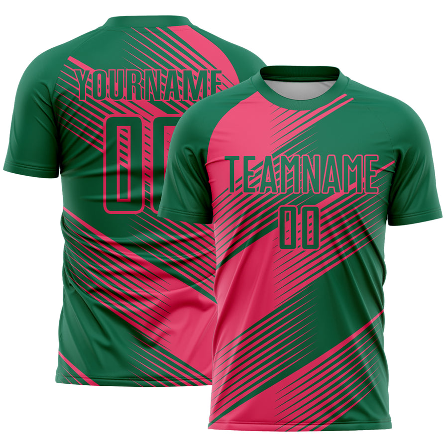 Custom Kelly Green Neon Pink Line Sublimation Soccer Uniform Jersey