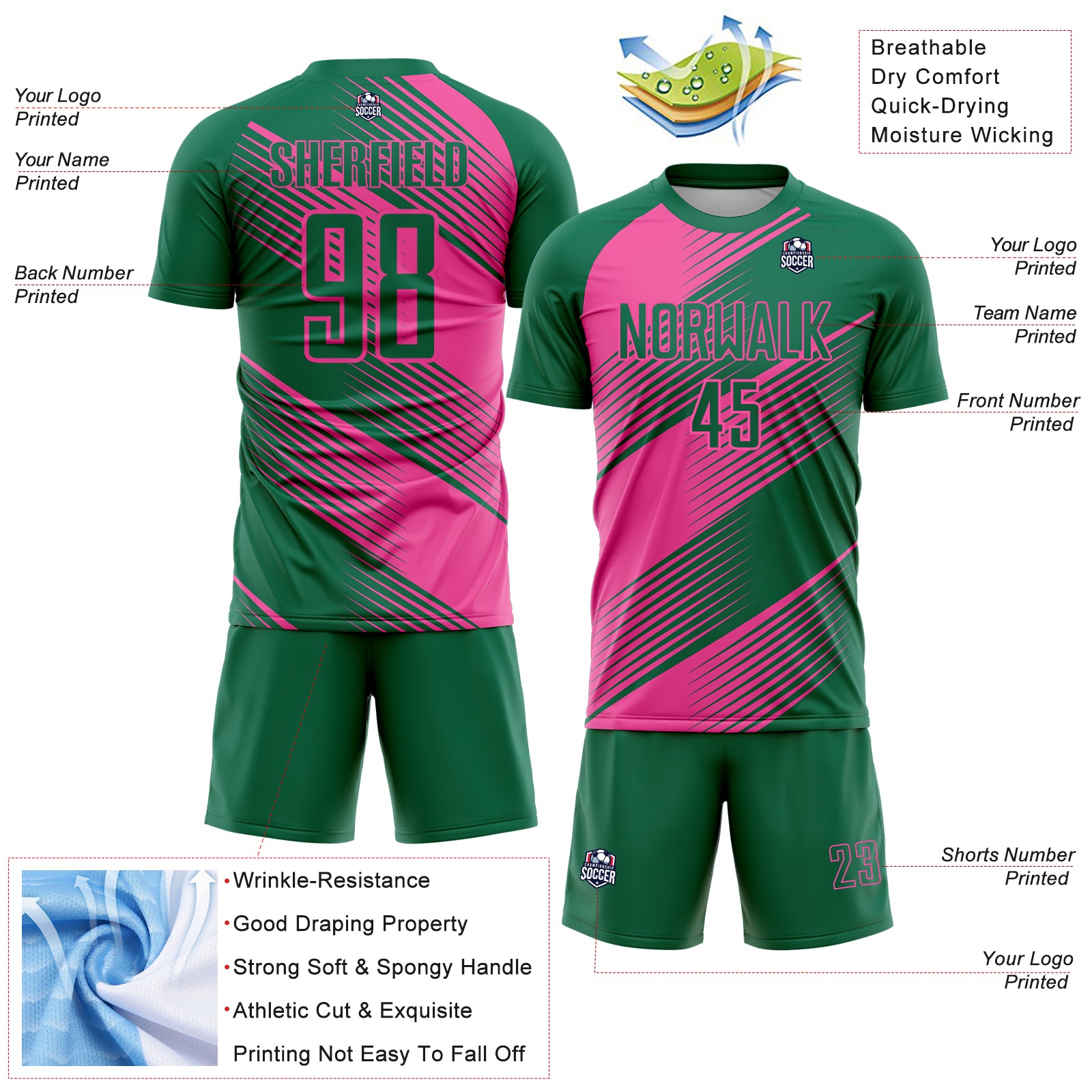 Custom Kelly Green Pink Line Sublimation Soccer Uniform Jersey
