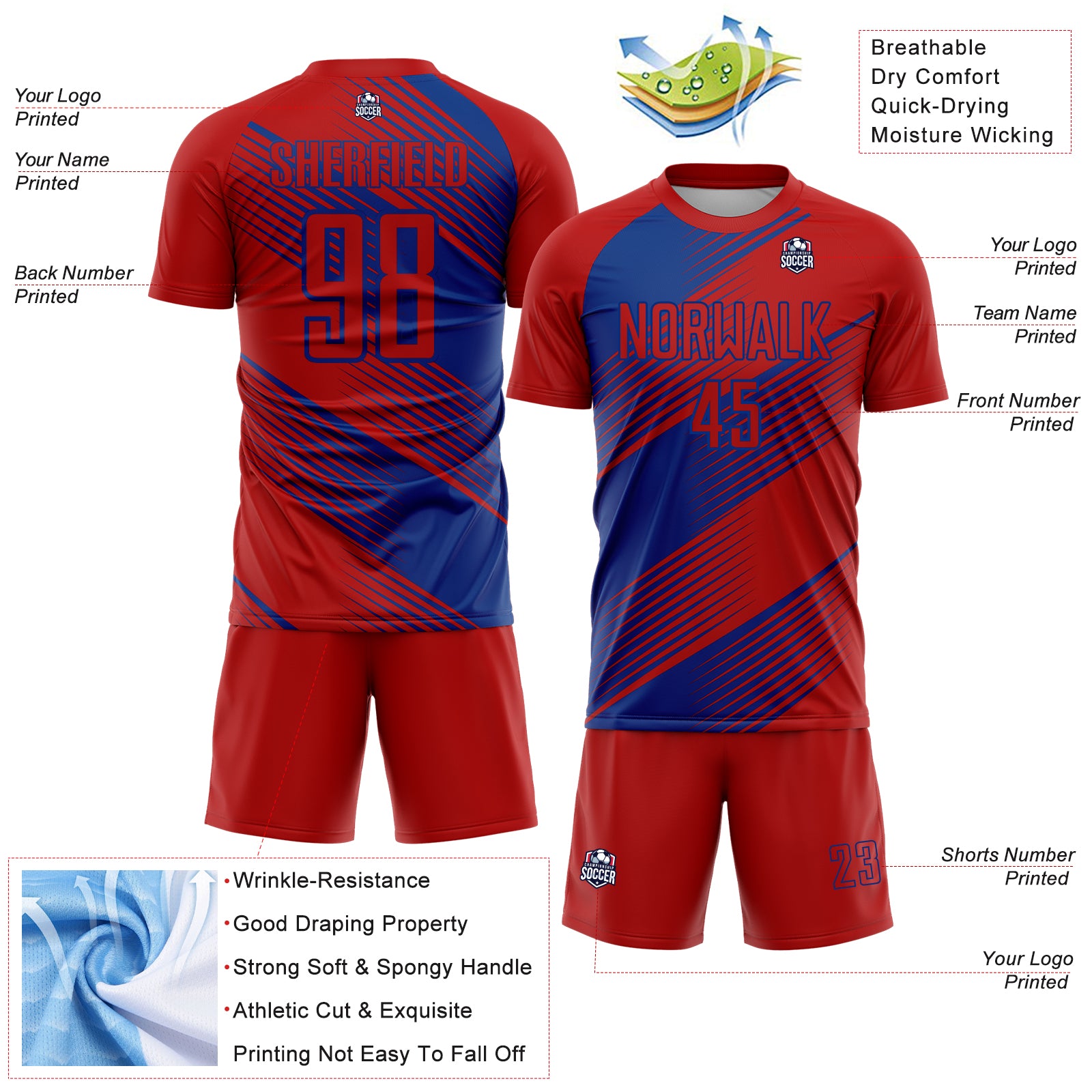 Custom Red Royal Line Sublimation Soccer Uniform Jersey