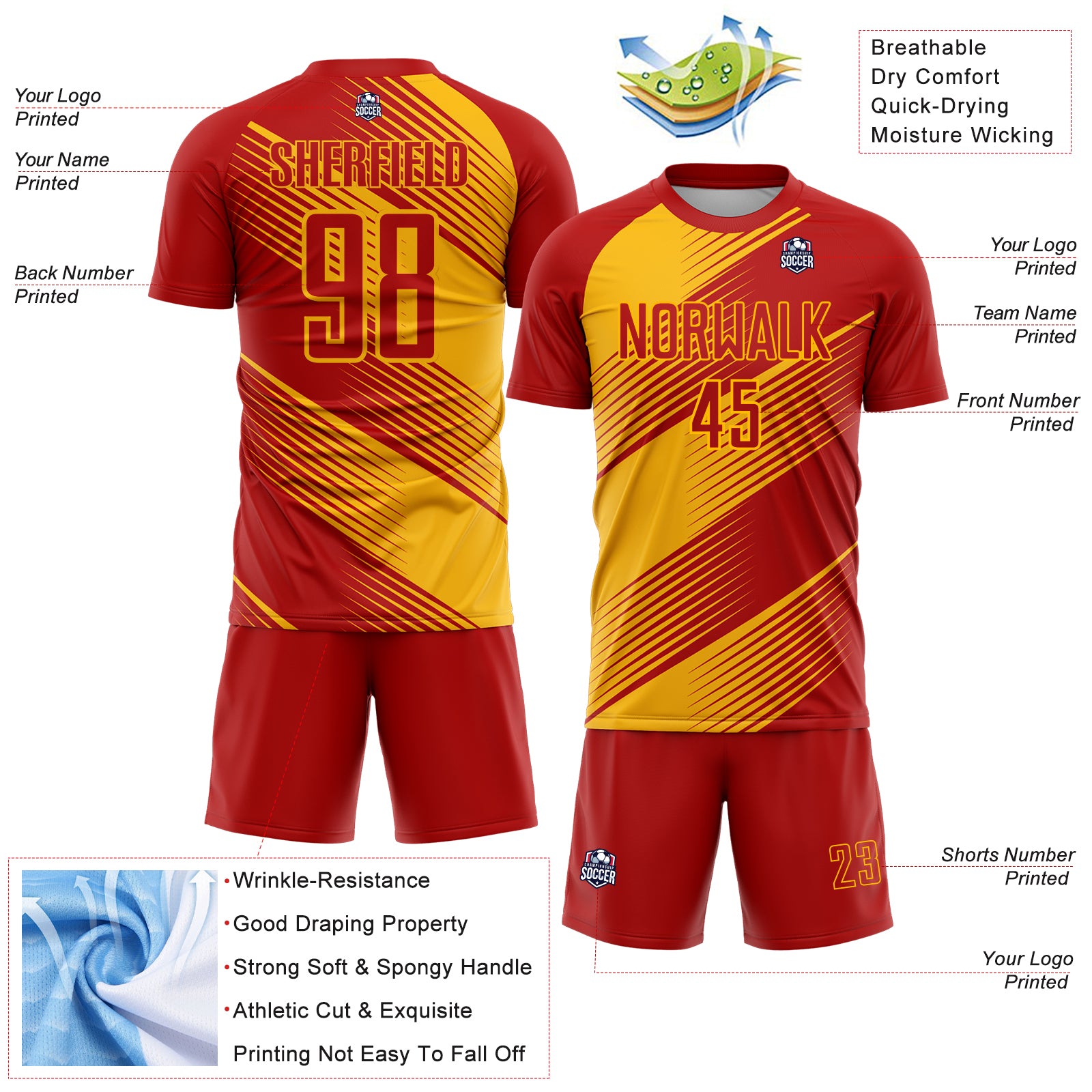 Custom Red Gold Line Sublimation Soccer Uniform Jersey