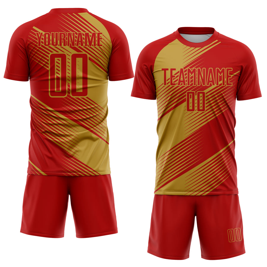 Custom Red Old Gold Line Sublimation Soccer Uniform Jersey
