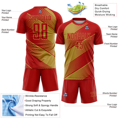 Custom Red Old Gold Line Sublimation Soccer Uniform Jersey