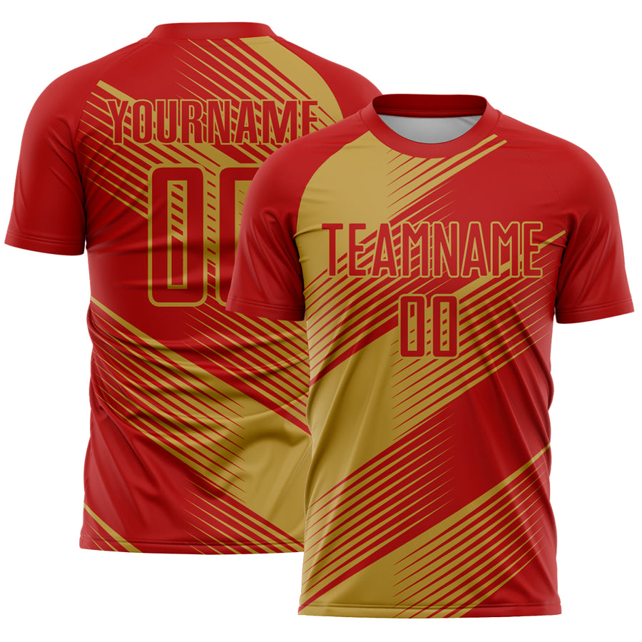 Custom Red Old Gold Line Sublimation Soccer Uniform Jersey