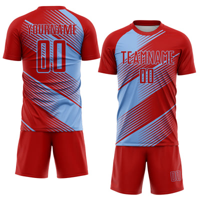 Custom Red Light Blue Line Sublimation Soccer Uniform Jersey