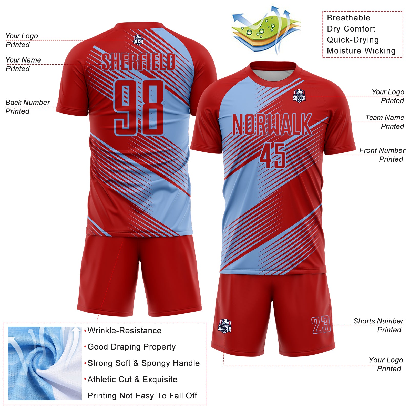 Custom Red Light Blue Line Sublimation Soccer Uniform Jersey
