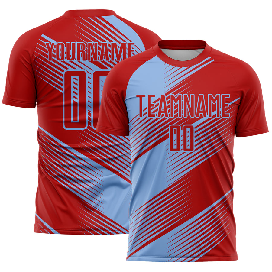 Custom Red Light Blue Line Sublimation Soccer Uniform Jersey