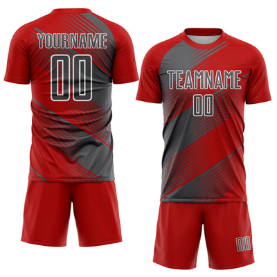 Custom Red Steel Gray-White Line Sublimation Soccer Uniform Jersey