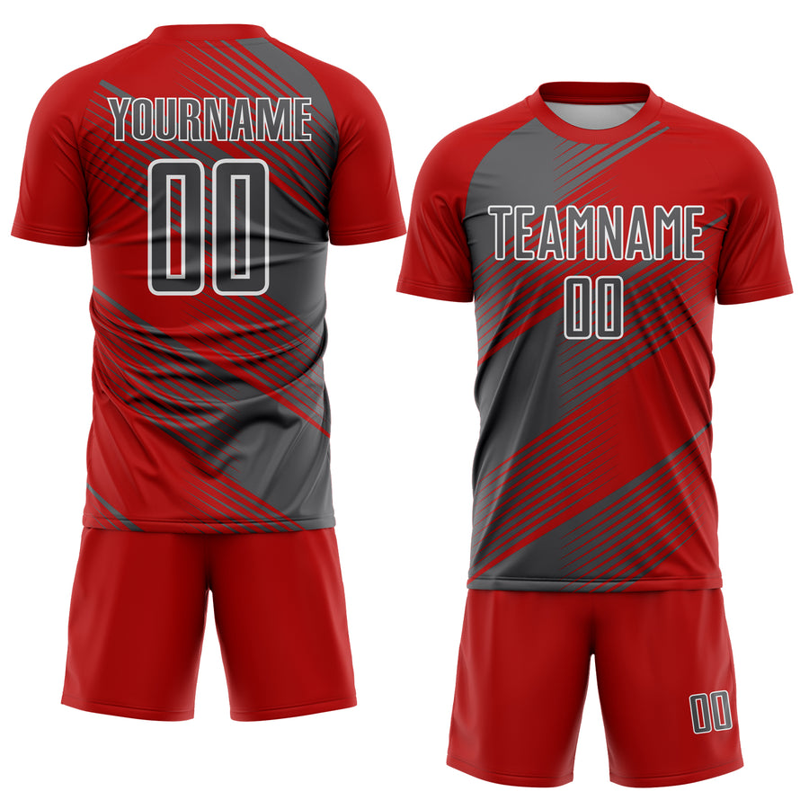 Custom Red Steel Gray-White Line Sublimation Soccer Uniform Jersey