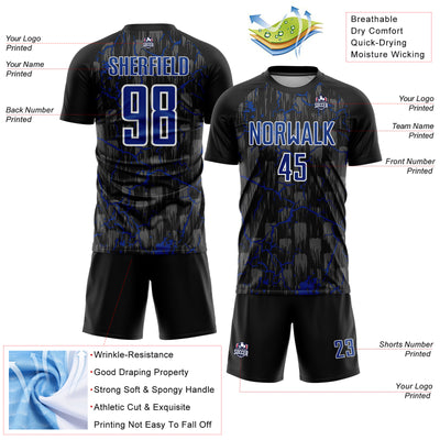 Custom Black Royal-White Lightning Sublimation Soccer Uniform Jersey