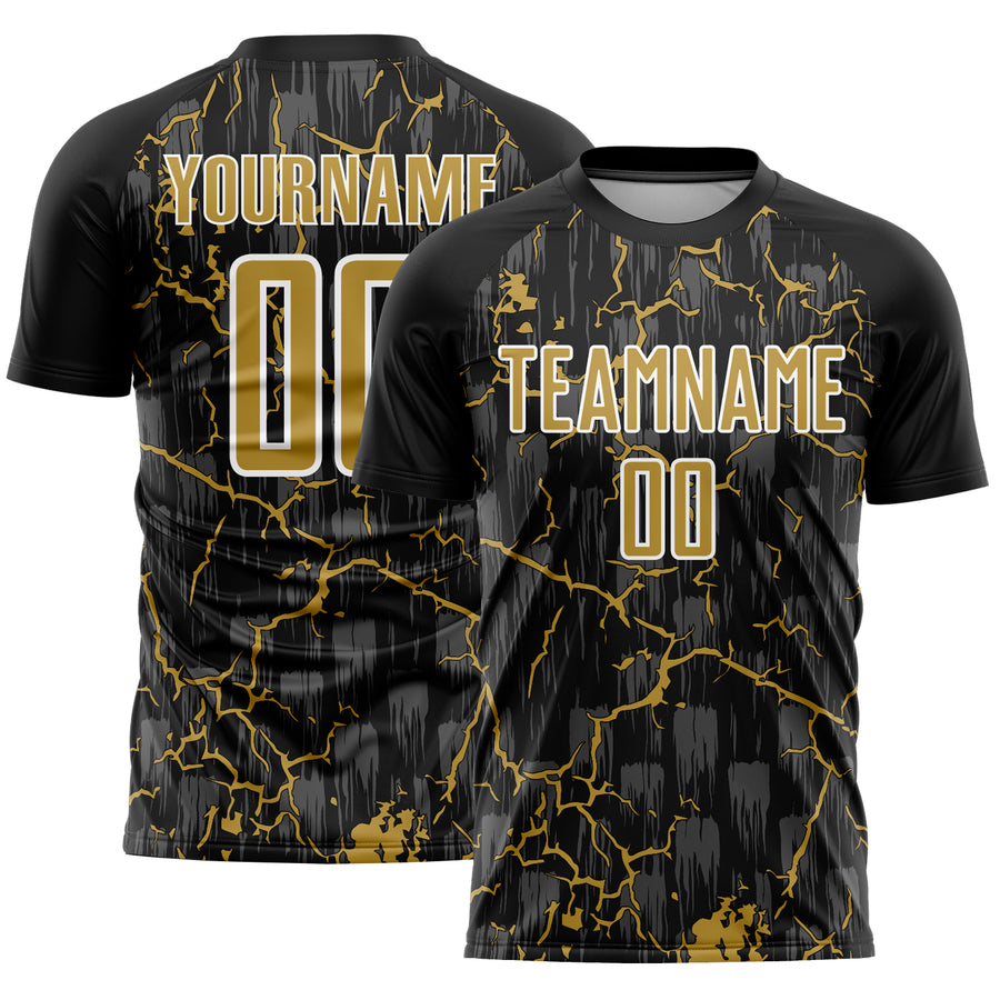 Custom Black Old Gold-White Lightning Sublimation Soccer Uniform Jersey