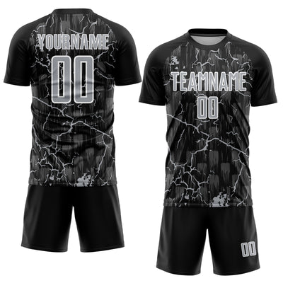 Custom Black Gray-White Lightning Sublimation Soccer Uniform Jersey