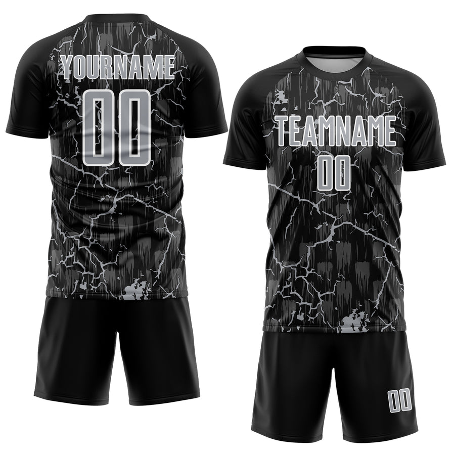 Custom Black Gray-White Lightning Sublimation Soccer Uniform Jersey
