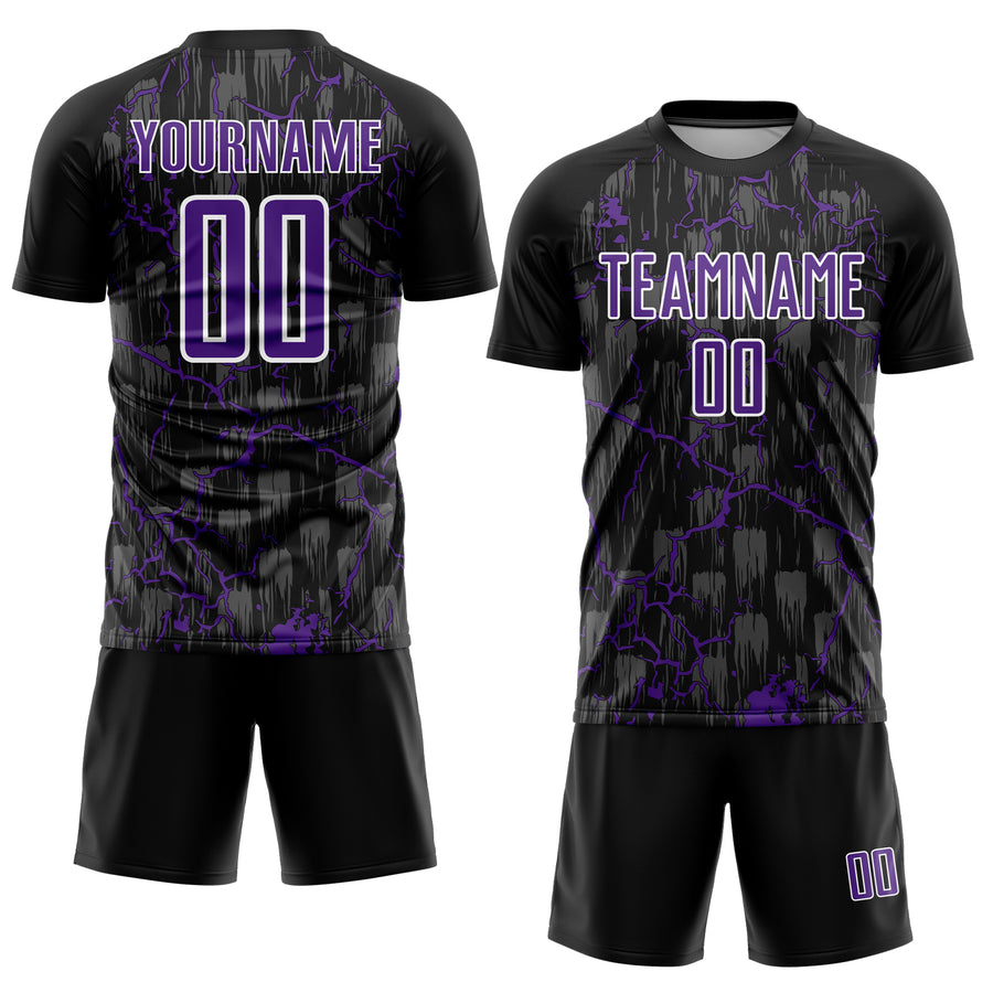 Custom Black Purple-White Lightning Sublimation Soccer Uniform Jersey