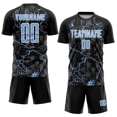 Custom Black Light Blue-White Lightning Sublimation Soccer Uniform Jersey