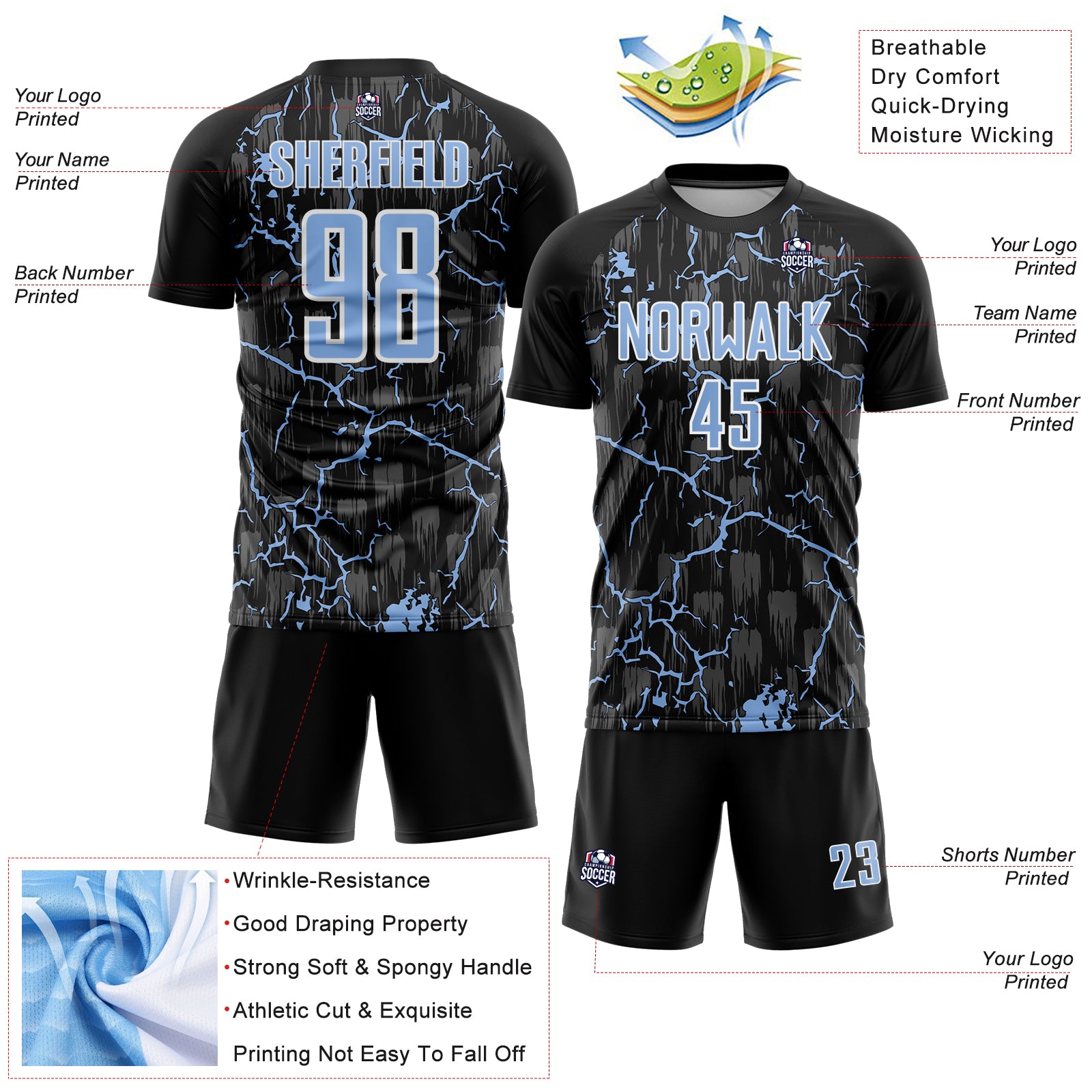 Custom Black Light Blue-White Lightning Sublimation Soccer Uniform Jersey
