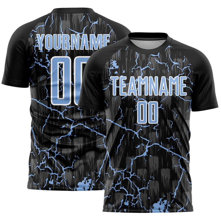 Custom Black Light Blue-White Lightning Sublimation Soccer Uniform Jersey