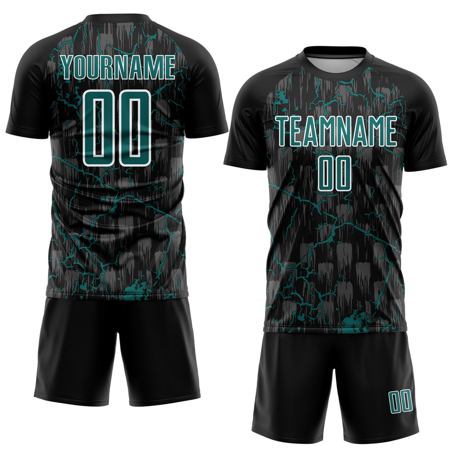 Custom Black Teal-White Lightning Sublimation Soccer Uniform Jersey