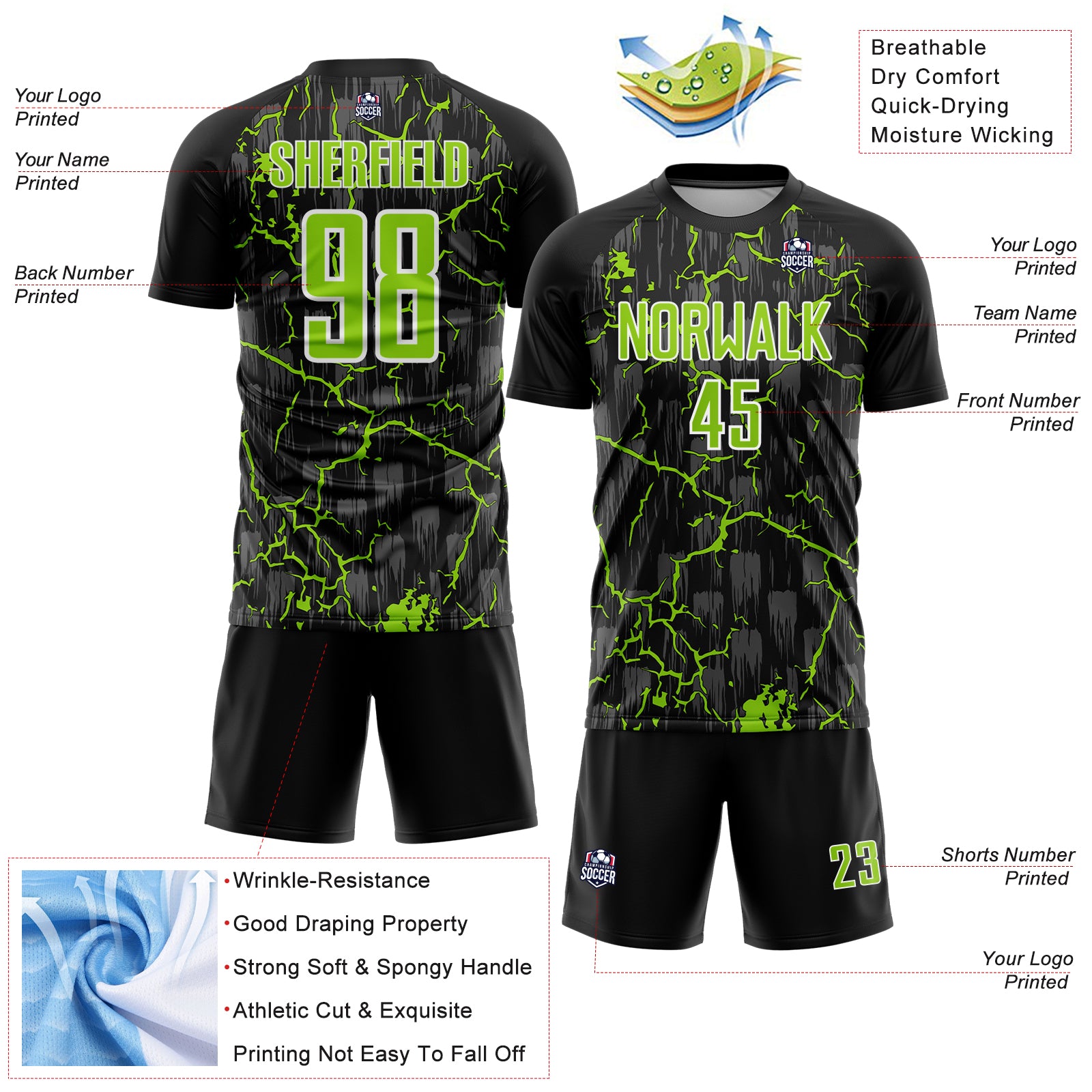 Custom Black Neon Green-White Lightning Sublimation Soccer Uniform Jersey