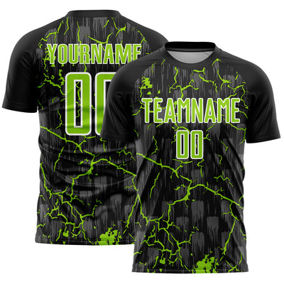 Custom Black Neon Green-White Lightning Sublimation Soccer Uniform Jersey